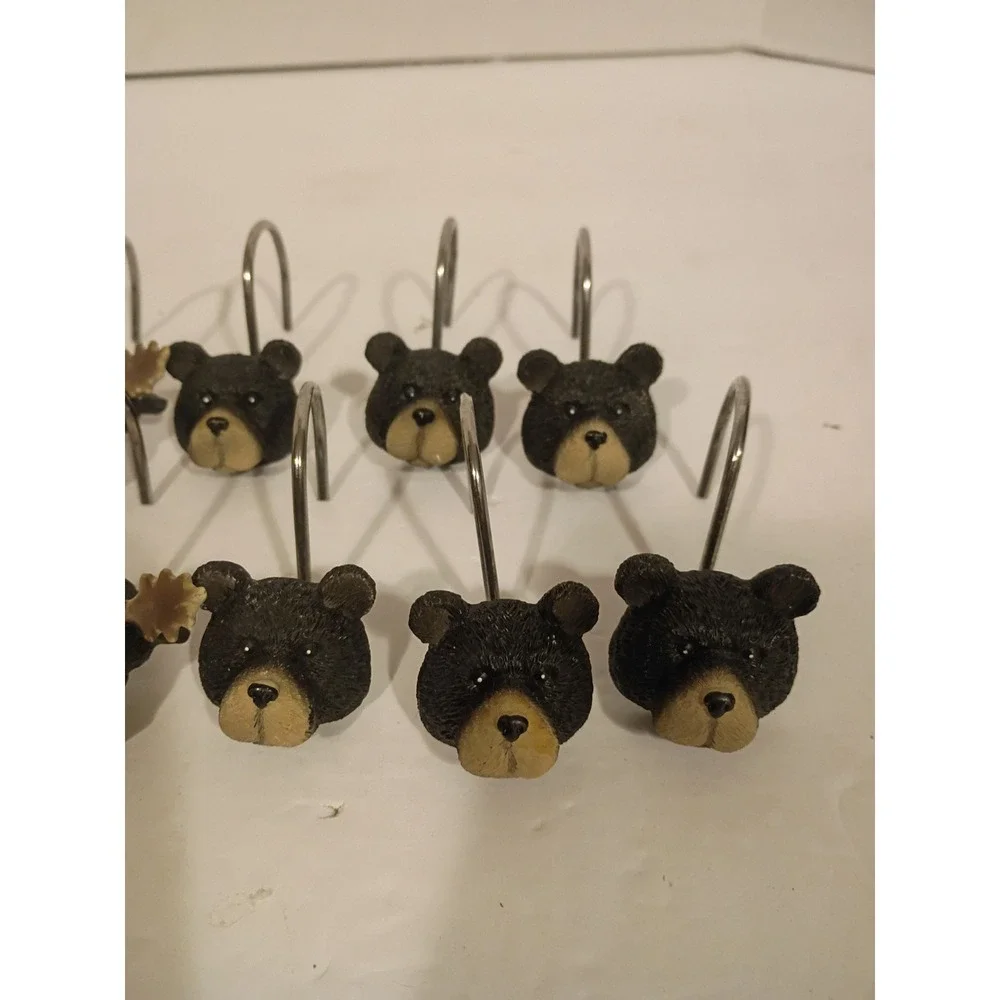 Rustic Bear and Moose Shower Curtain Hooks Set of 12 Lodge Cabin Decor Resin